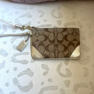 Coach Vintage Tan/Brown Signature Canvas Wristlet with Metallic Gold Trim